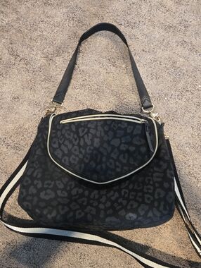 Stella & Dot Black Leopard-Print Shoulder Bag with Removable Striped Strap
